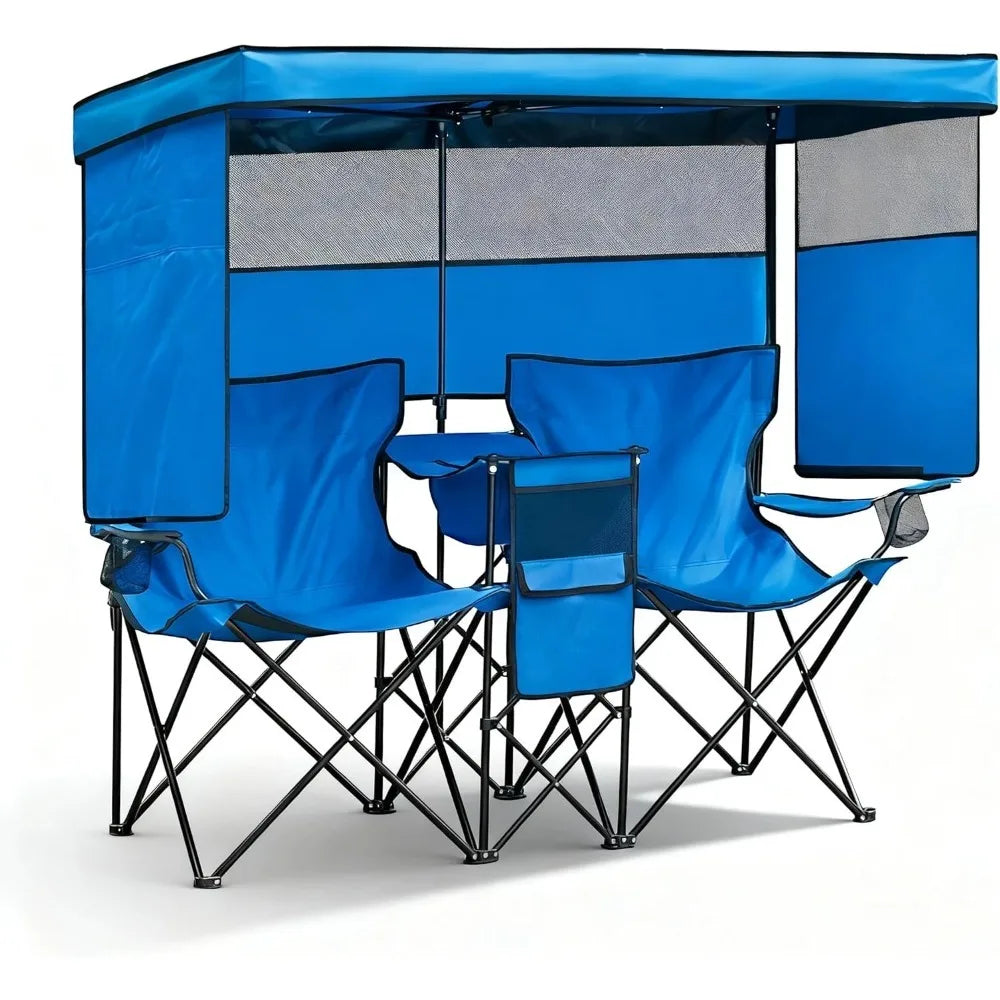Double Beach Chair with Canopy Shade Heavy Duty Camping Chairs with Cup Holder Folding Loveseat for Outside Lawn