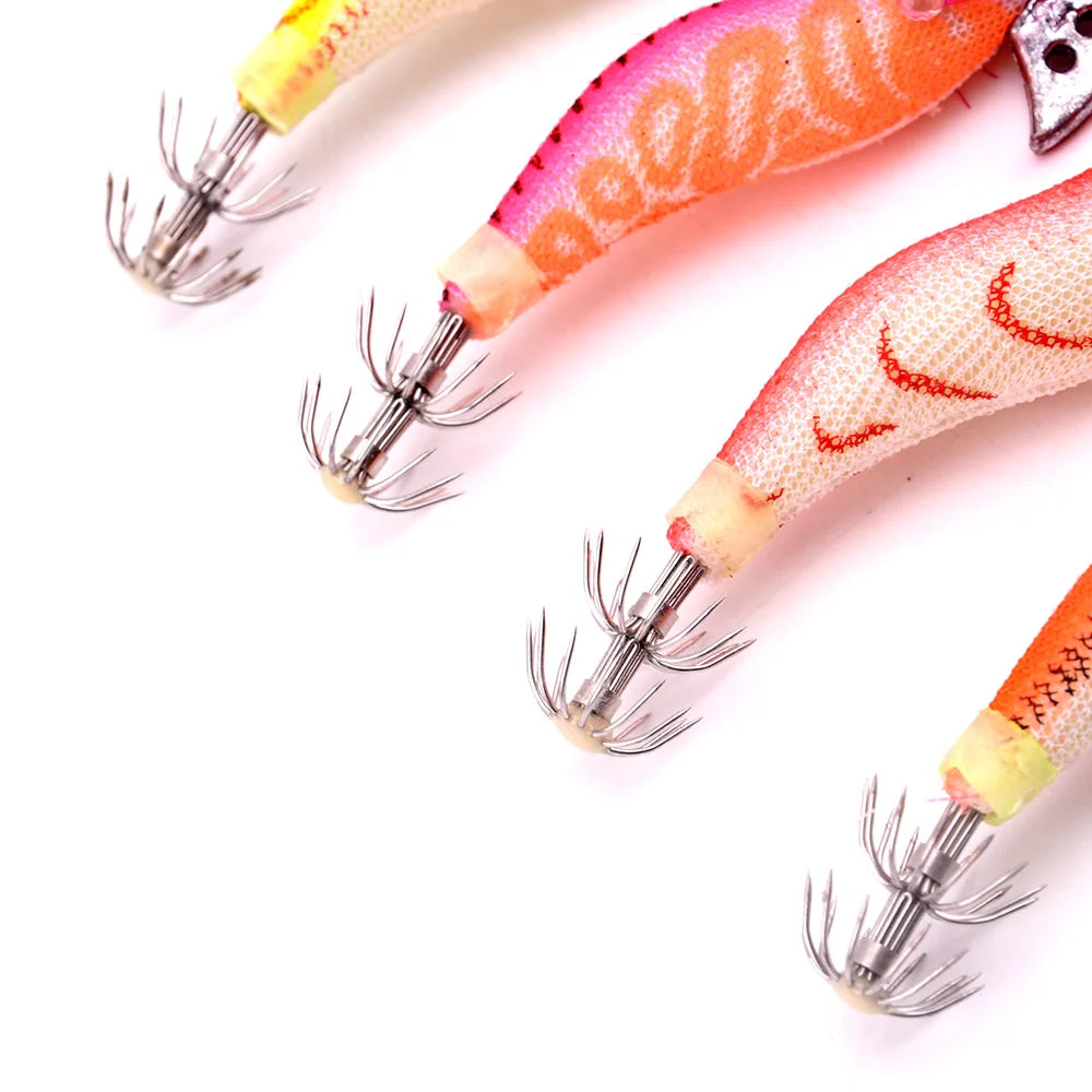 4PCS Fishing Lures Wrapped Prawn Lure Octopus Shrimp Wood Baits Squid Jig Fishing Hooks 8.5CM 7.3G 2.0#
