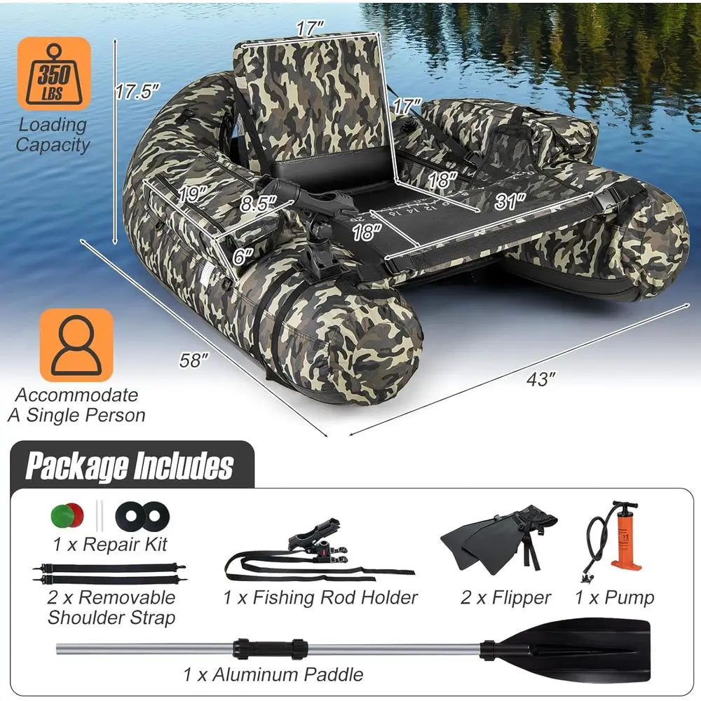 Inflatable Belly Boat with Fish Ruler, Fishing Rod Holder, Pump, Storage Bag, Flippers & Adjustable Straps, Portable Backpack