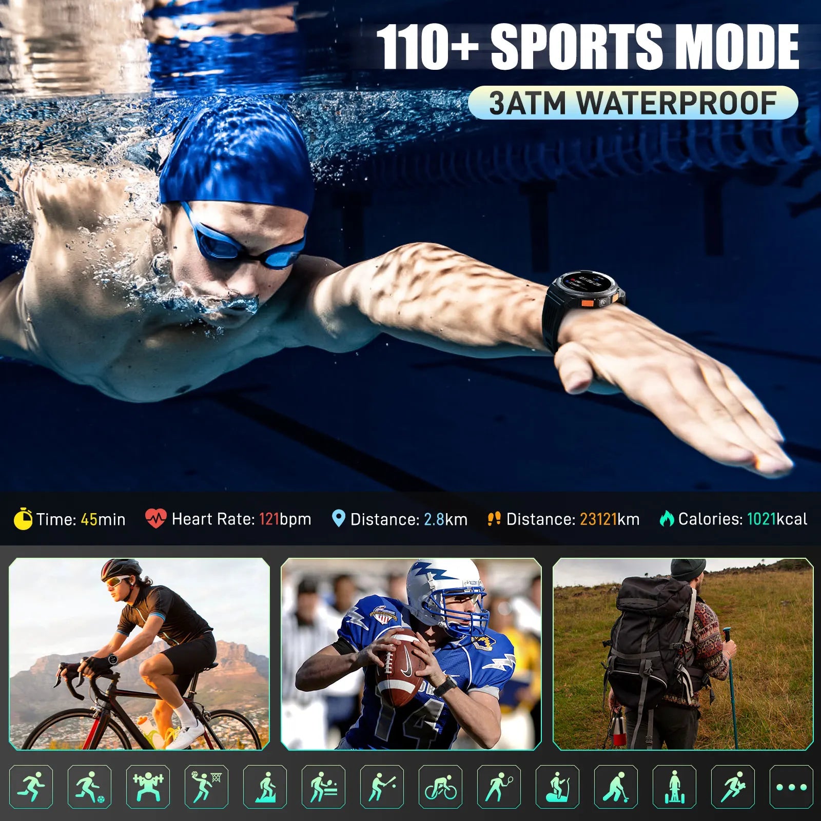 1.45 Inch Smart Watch Waterproof Original Design Sports  LED Flashlight