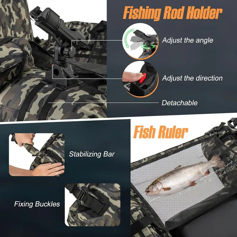 Inflatable Belly Boat with Fish Ruler, Fishing Rod Holder, Pump, Storage Bag, Flippers & Adjustable Straps, Portable Backpack