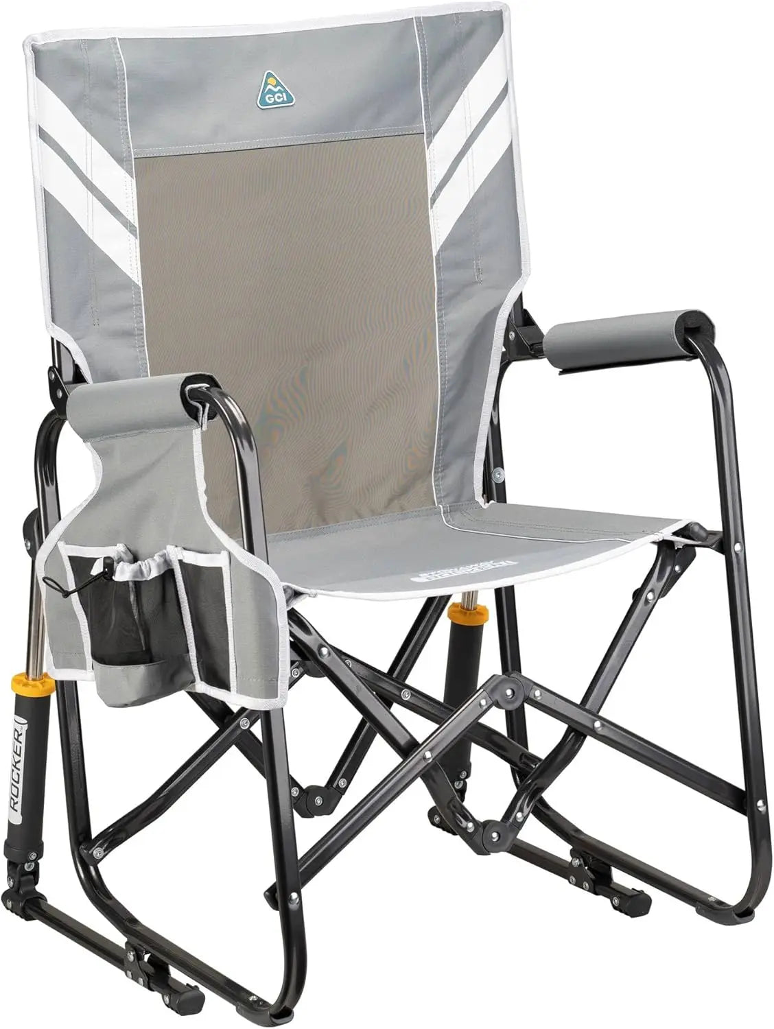 Side Table Camping Rocking Chair, Portable Folding with Armrests, Drink Holder & Comfortable Backrest