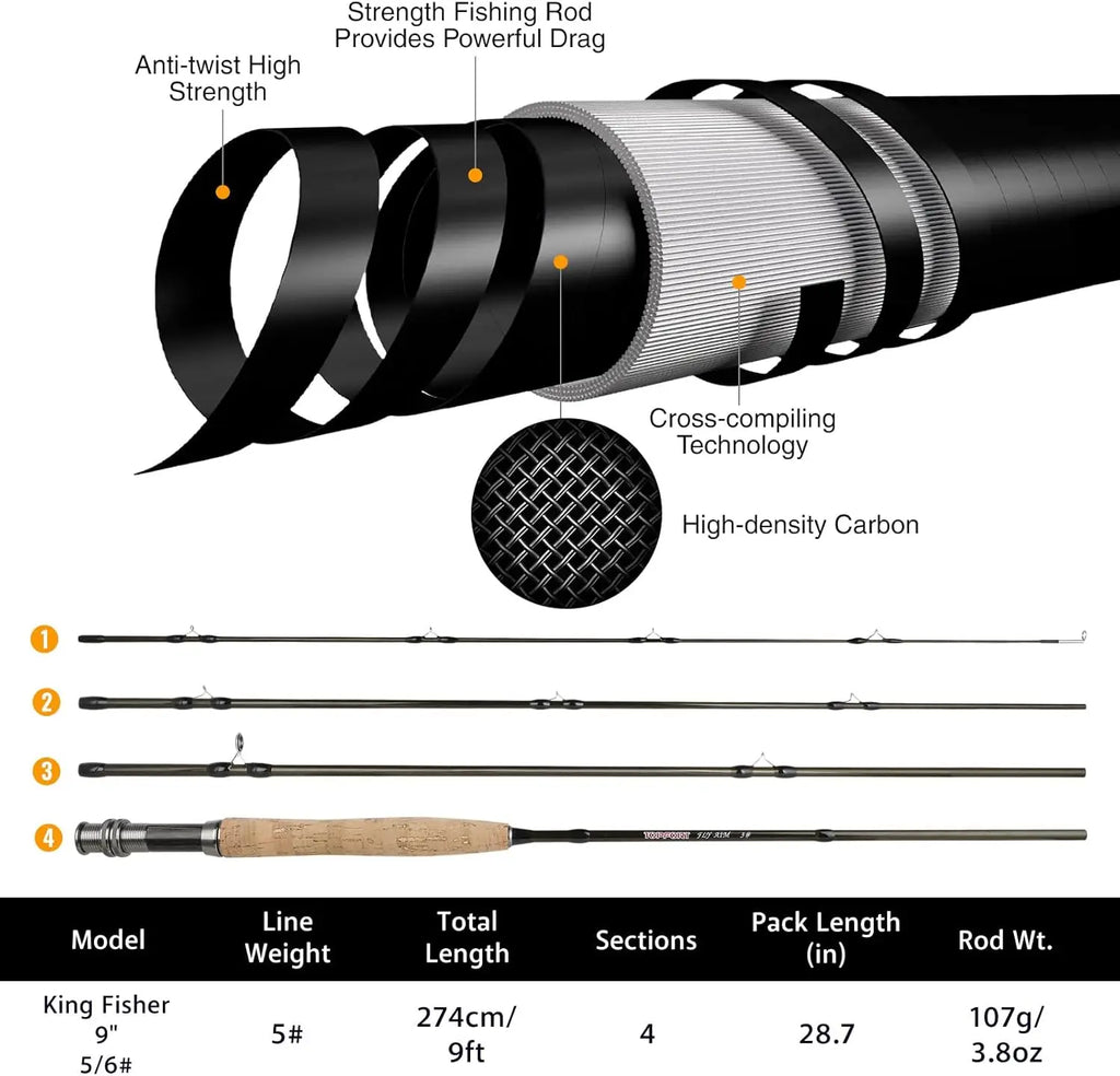 Lightweight 4-Piece Graphite Fly Fishing Rod & Reel Combo Starter Kit