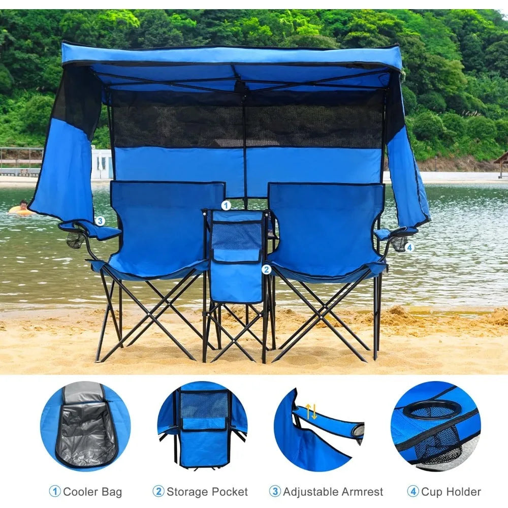Double Beach Chair with Canopy Shade Heavy Duty Camping Chairs with Cup Holder Folding Loveseat for Outside Lawn