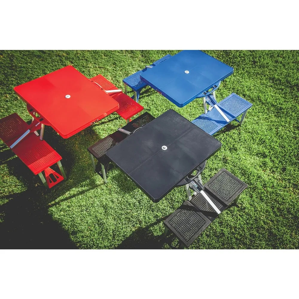 Portable Folding Picnic Table with Seats for 4, Collapsible Aluminum Table with Benches & Umbrella Hole, Lightweight