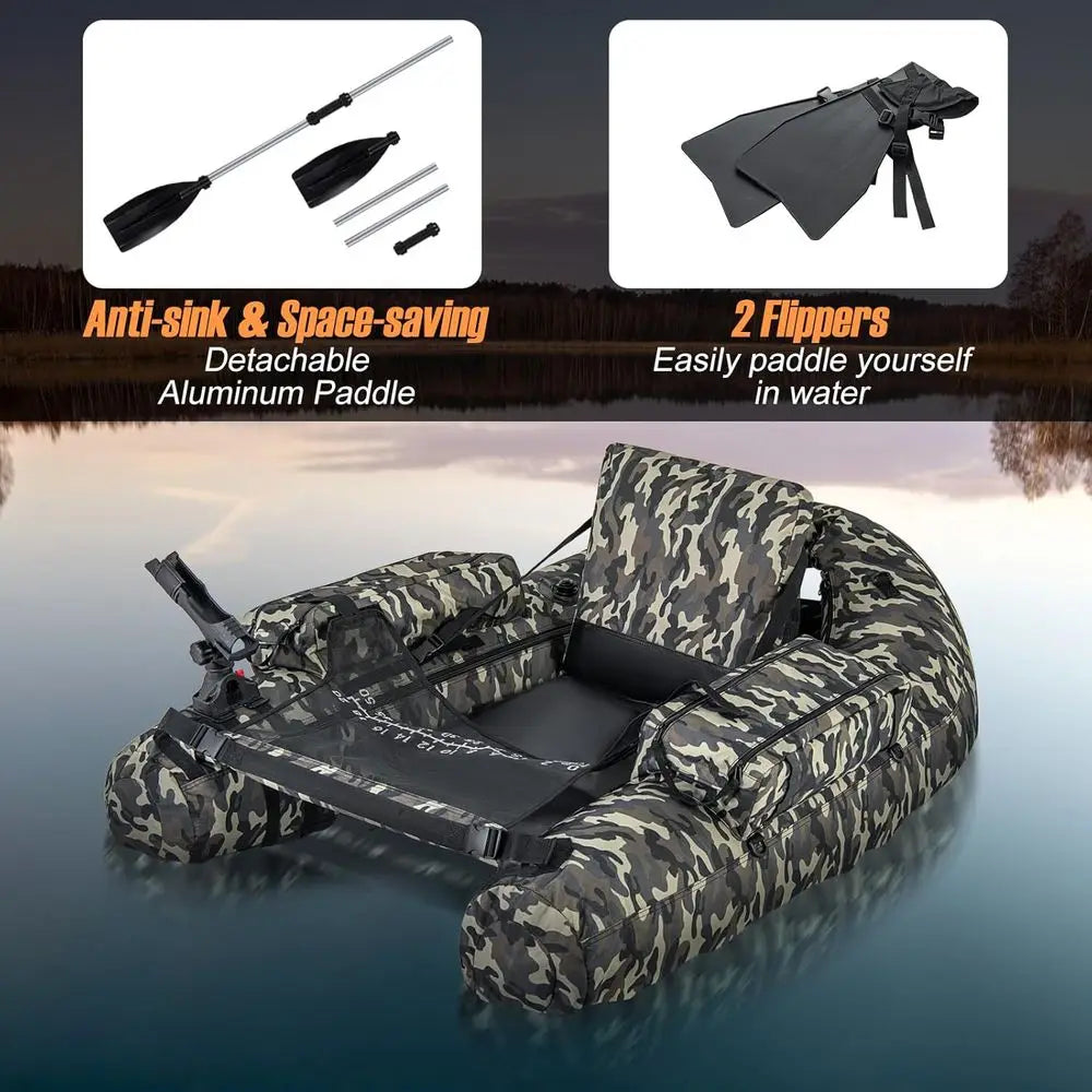 Inflatable Belly Boat with Fish Ruler, Fishing Rod Holder, Pump, Storage Bag, Flippers & Adjustable Straps, Portable Backpack