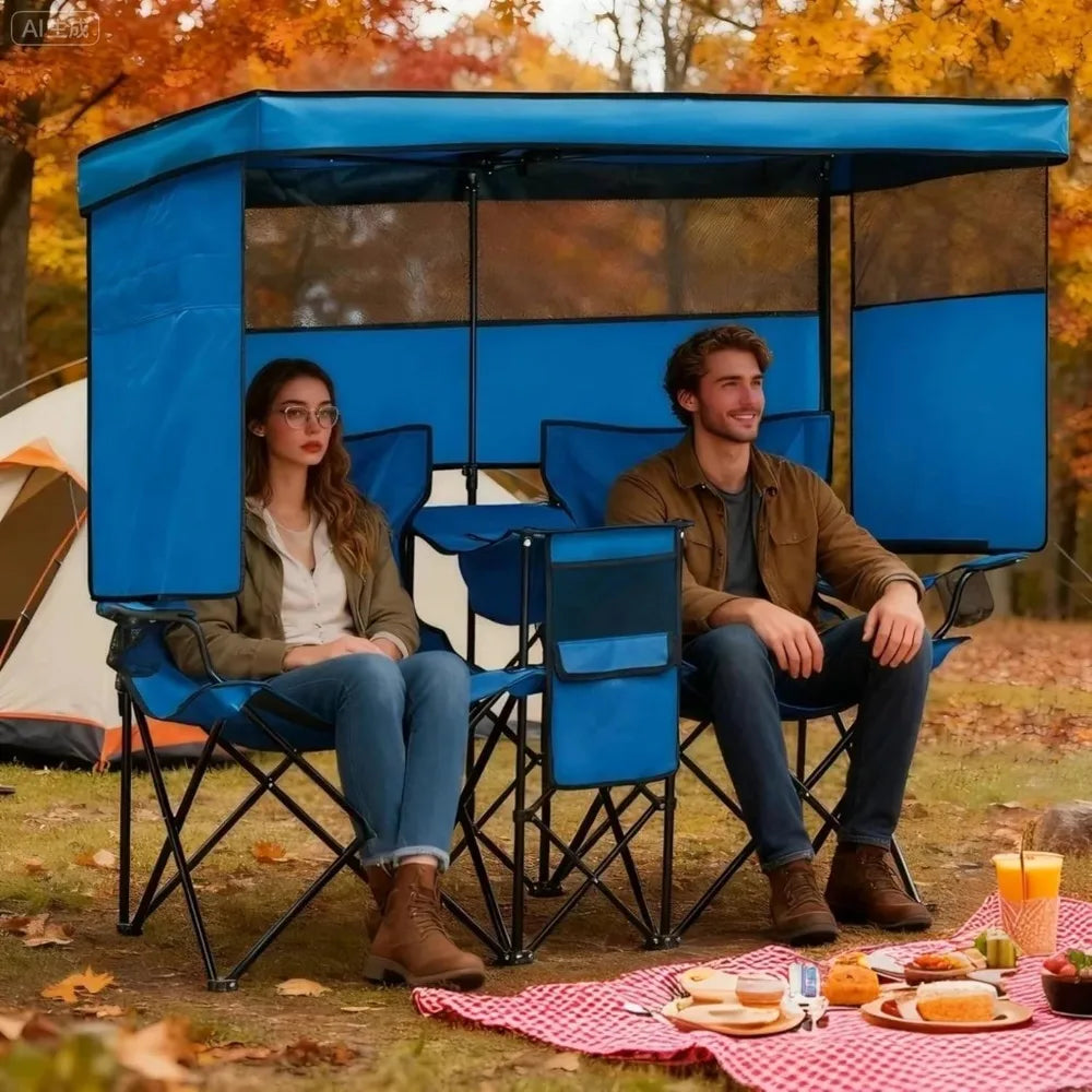 Double Beach Chair with Canopy Shade Heavy Duty Camping Chairs with Cup Holder Folding Loveseat for Outside Lawn