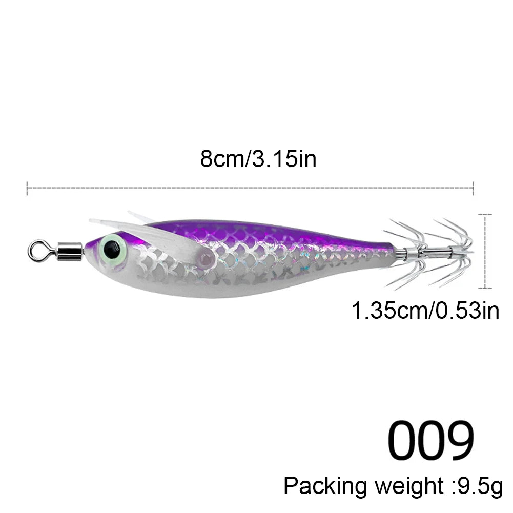 3-1Pcs Squid Jig Hook Fishing Lure Luminous 8cm 9.5g Artificial Fake Octopus Lures Wood Shrimp Cuttlefish