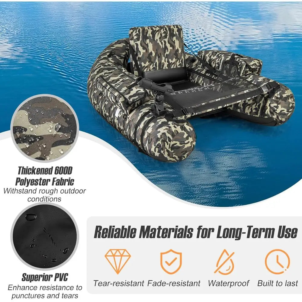 Inflatable Belly Boat with Fish Ruler, Fishing Rod Holder, Pump, Storage Bag, Flippers & Adjustable Straps, Portable Backpack