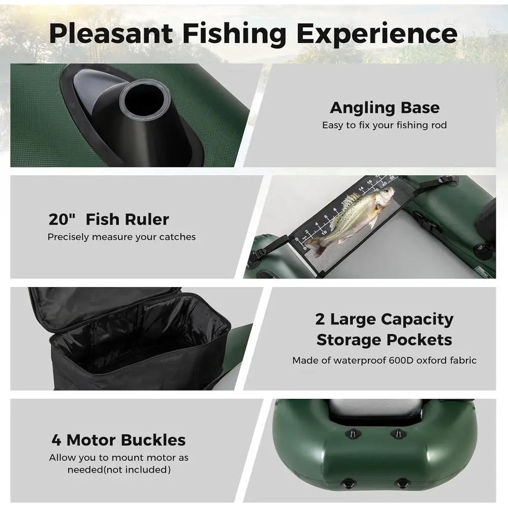 Inflatable Float Tube, Fishing Belly Boat with Fish Ruler, 2 Detachable Storage Bags, Pump, Carry Bag, PVC Fish Boat w/Reinforce