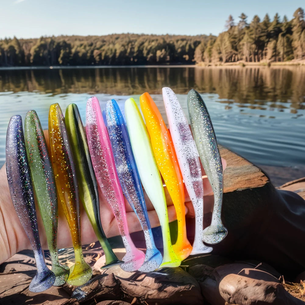 10Pcs 9cm Fishing Lures T Tail Worm Soft Bait Plastic Paddle Tail Swim Baits for Bass Trout Freshwater Saltwater