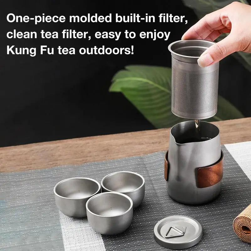 Camping Tableware Set Lightweight Titanium Coffee Pot Tea Kettle Outdoor Camping Kettle Set 3 Cups Tea Set For Hiking Picnic