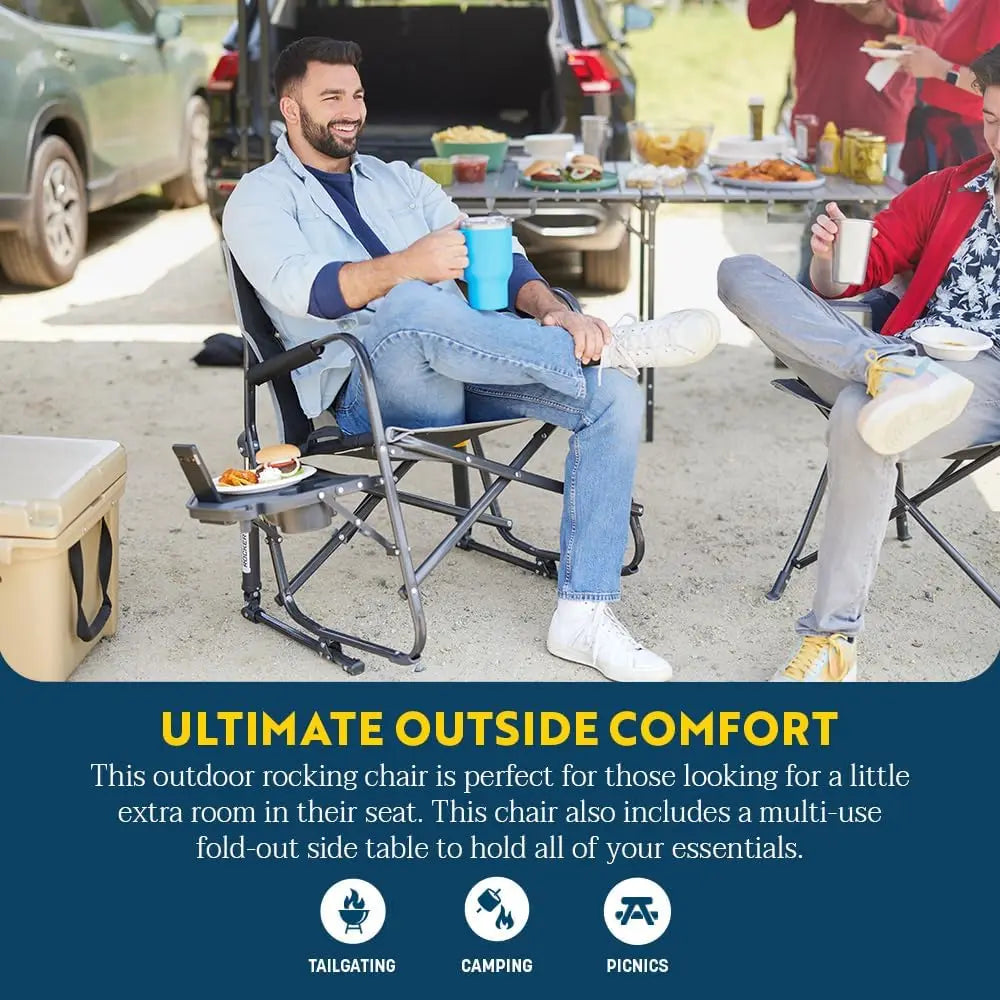 Side Table Camping Rocking Chair, Portable Folding with Armrests, Drink Holder & Comfortable Backrest