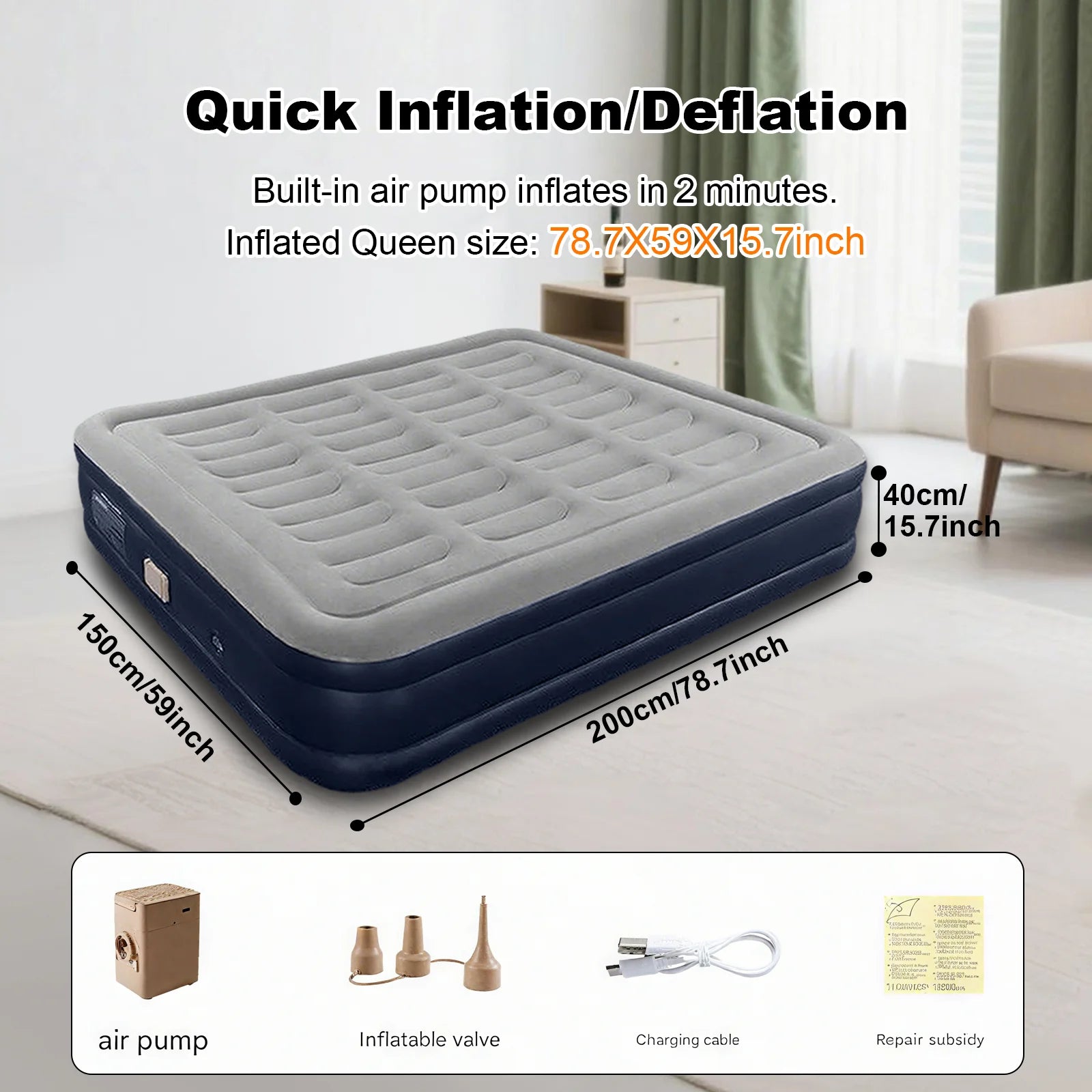 1-2 Person PVC Automatic Inflatable Mattress  Built-In Pump Bed