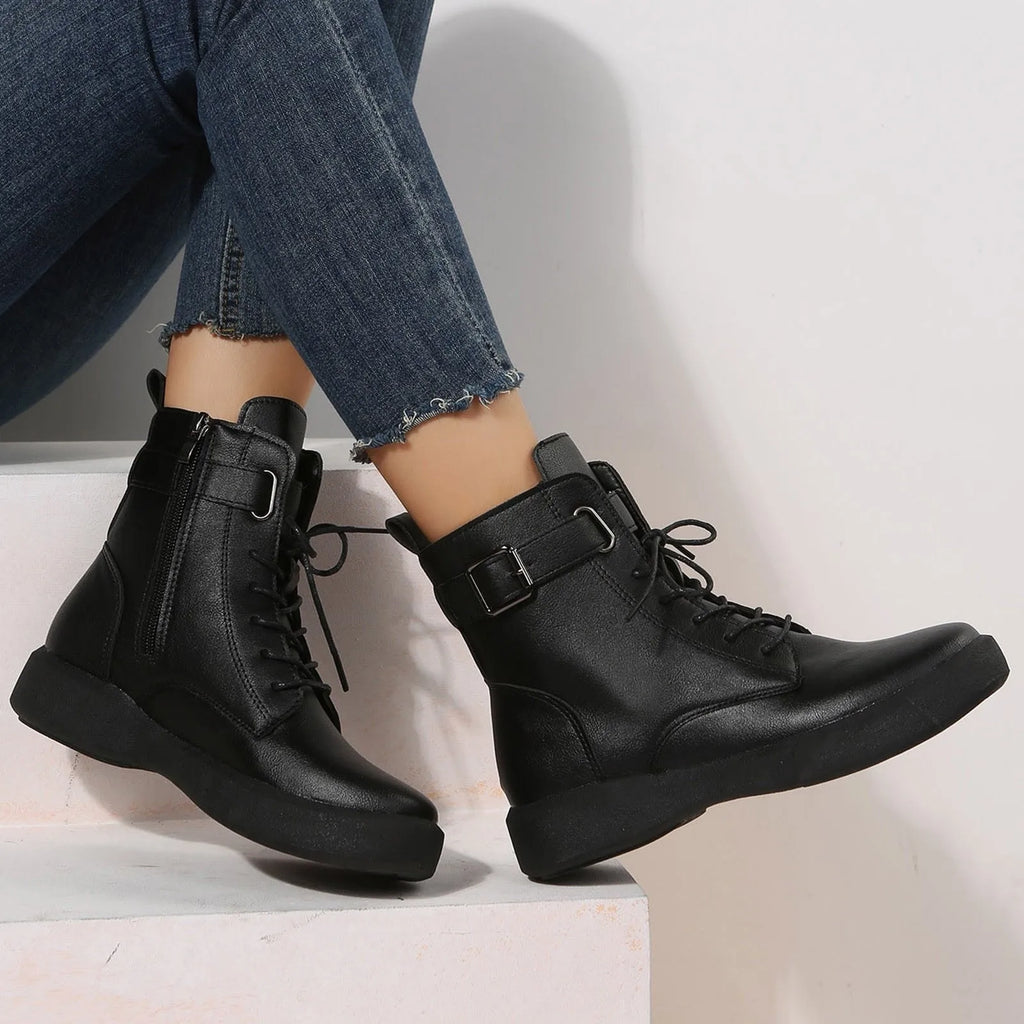 Women'S Fashionable Versatile Ankle Boots British Retro Belt Plus Velvet Short Suede Boots For Women Lace Up Flat Shoes Botines