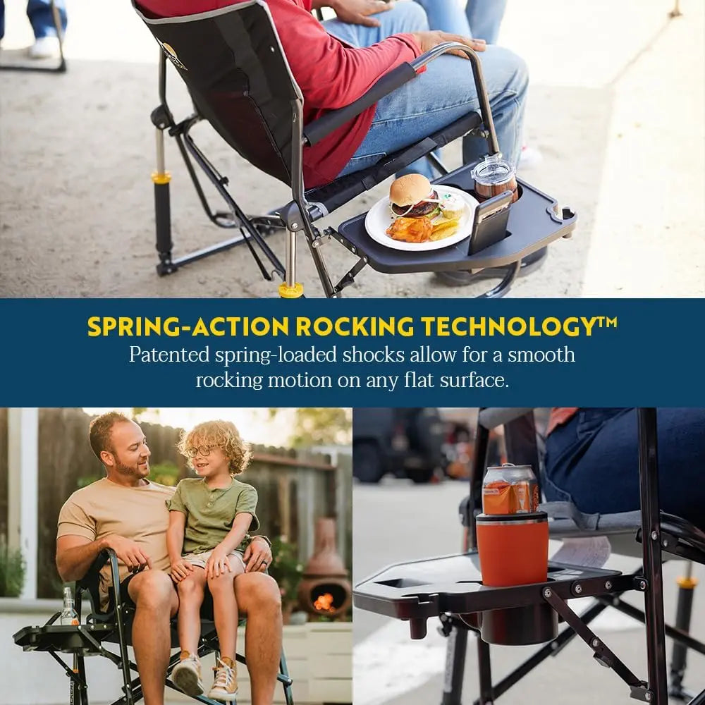 Side Table Camping Rocking Chair, Portable Folding with Armrests, Drink Holder & Comfortable Backrest