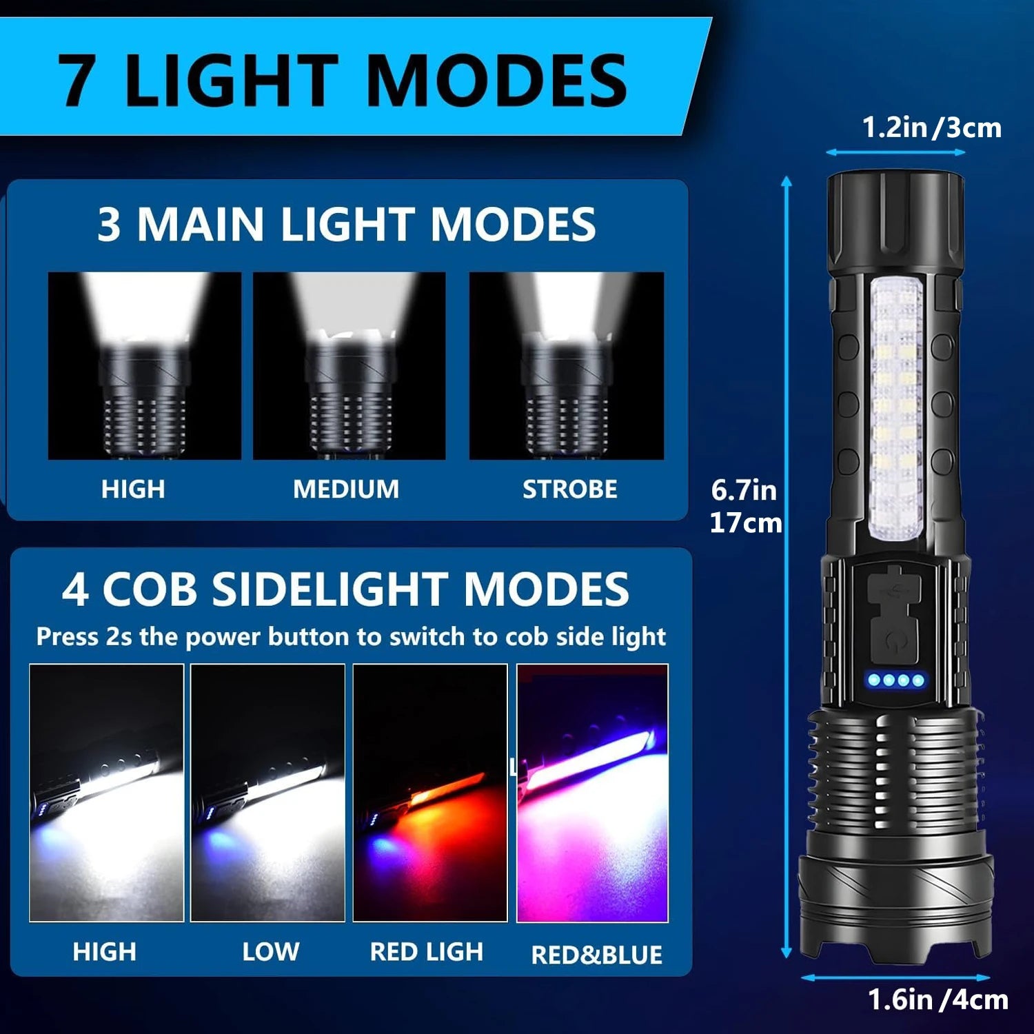Rechargeable LED Flashlights, Super Bright Handheld Flashlight, 7 Modes with COB Work Light