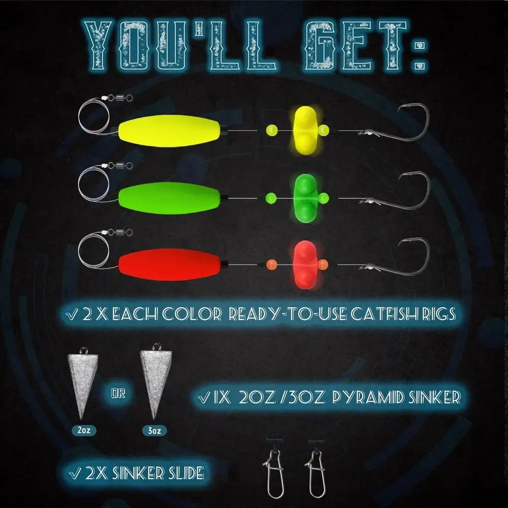 6-Rig Catfish Kit: Sinker Sliders, Pyramid Sinker, Floats, and Circle Hooks 6/0