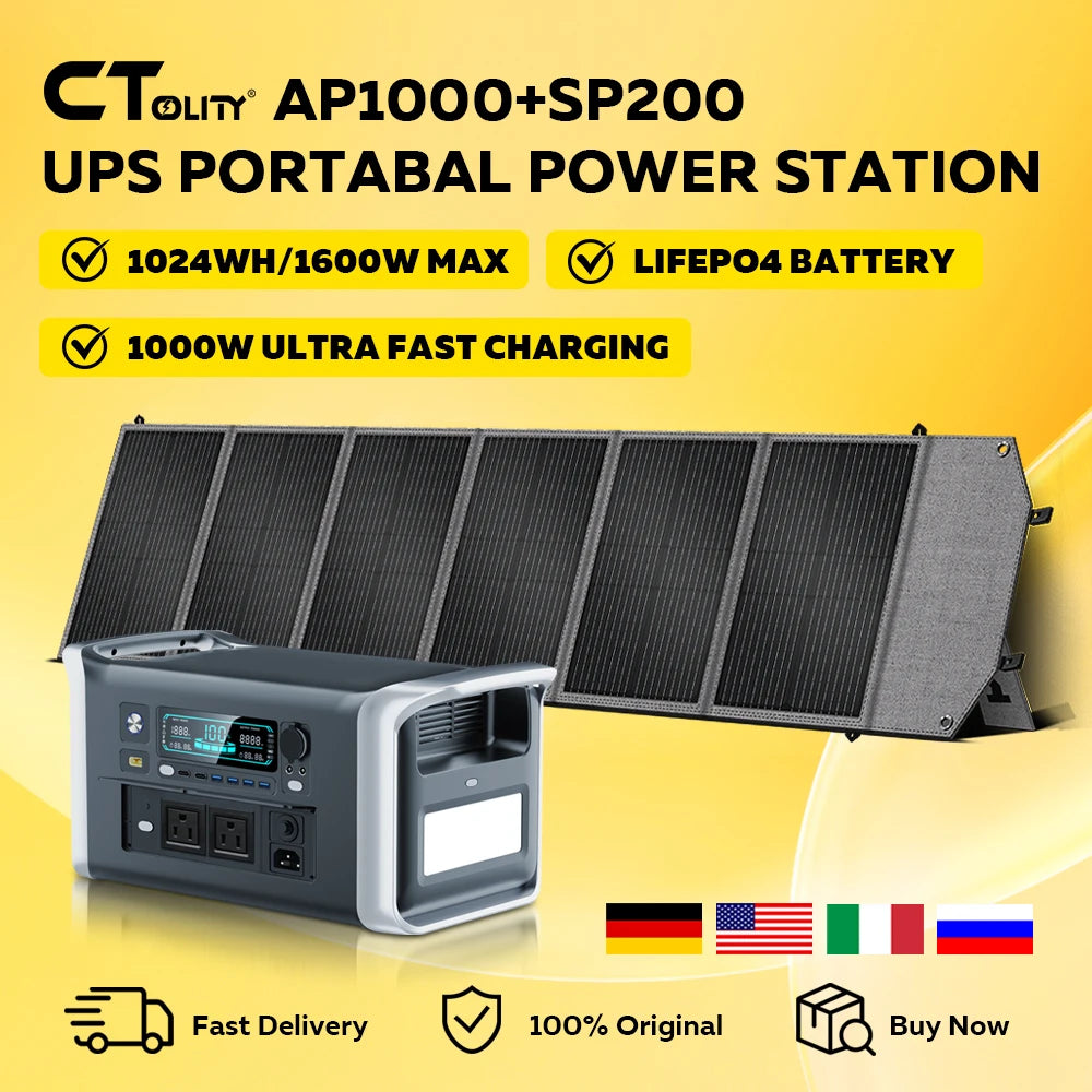 CTOLITY AP1000 1600W Solar Generator Lifepo4 & 200W New Solar Panel  Solar Fast Dual Charging RV Outdoors Camping Travel Blackou