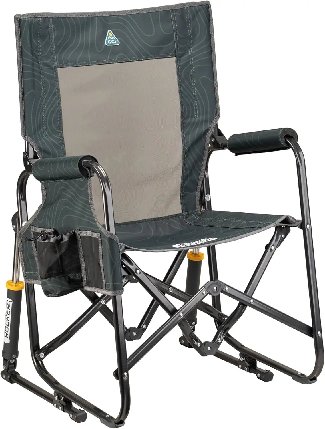 Side Table Camping Rocking Chair, Portable Folding with Armrests, Drink Holder & Comfortable Backrest