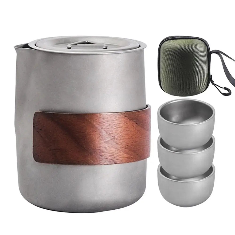 Camping Tableware Set Lightweight Titanium Coffee Pot Tea Kettle Outdoor Camping Kettle Set 3 Cups Tea Set For Hiking Picnic