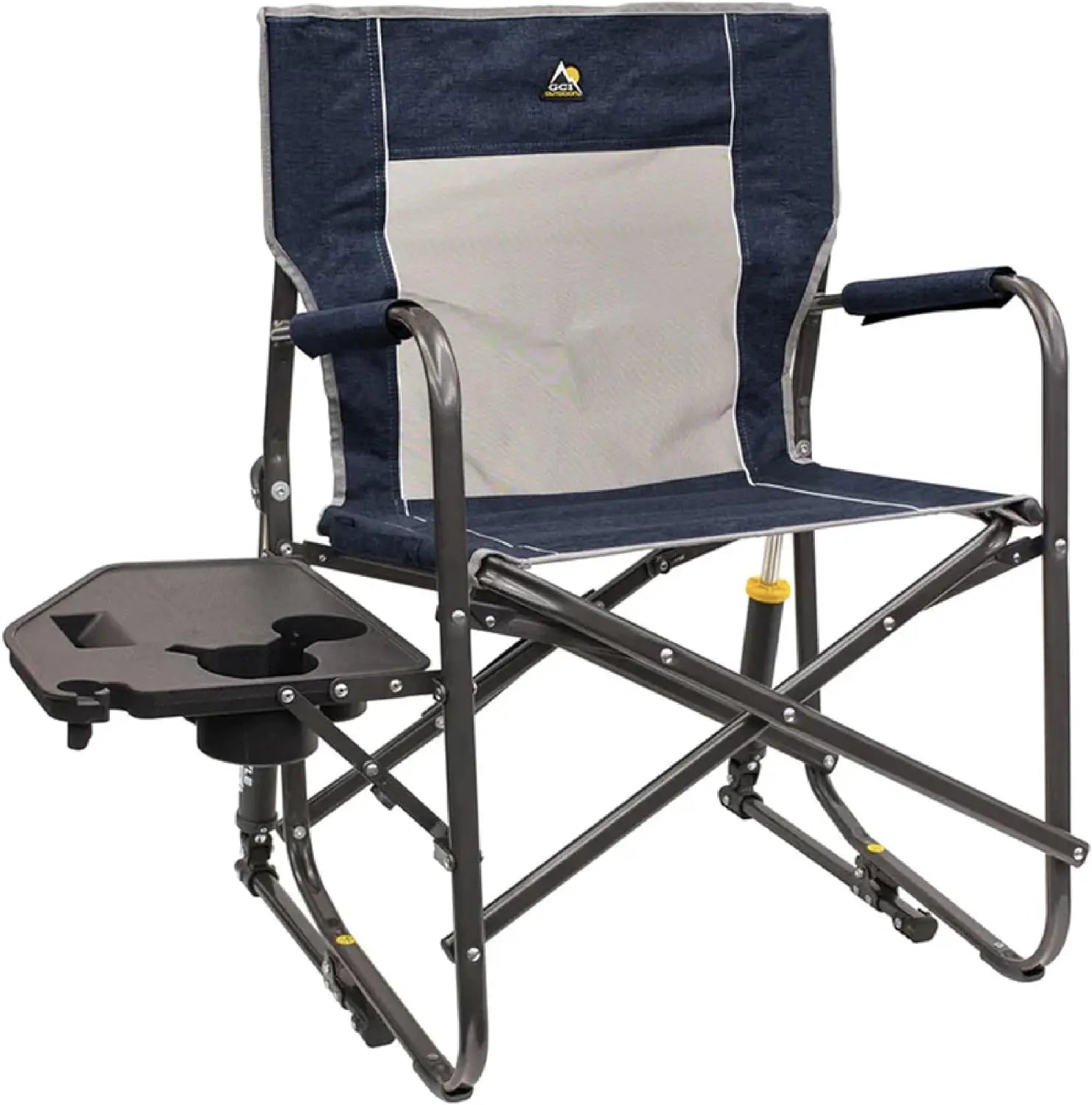 Side Table Camping Rocking Chair, Portable Folding with Armrests, Drink Holder & Comfortable Backrest