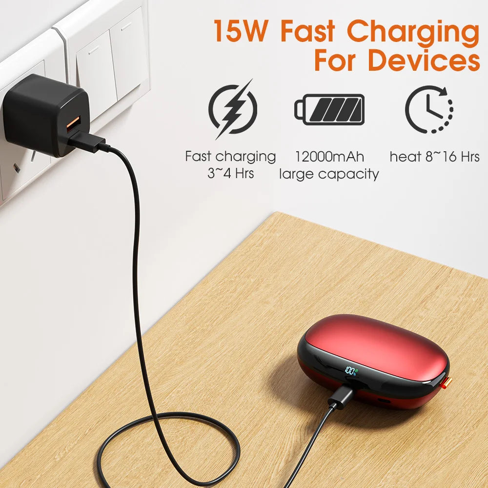 12000mAh Hand Warmer Power Bank, Dual-Side Heating with 3-Temp Control (40°C/50°C/60°C),Compact for Travel