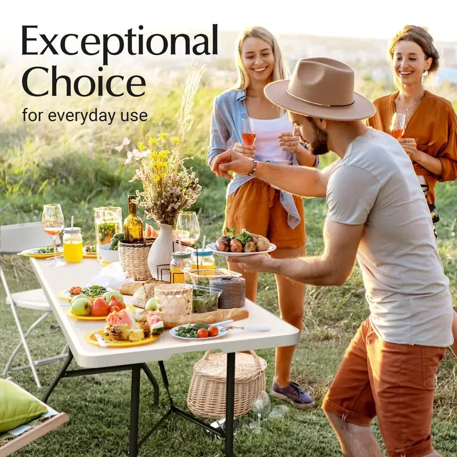 6 Feet Foldable Table with Built in Handle Steel Legs Perfect for Party, Dining, Wedding, Event