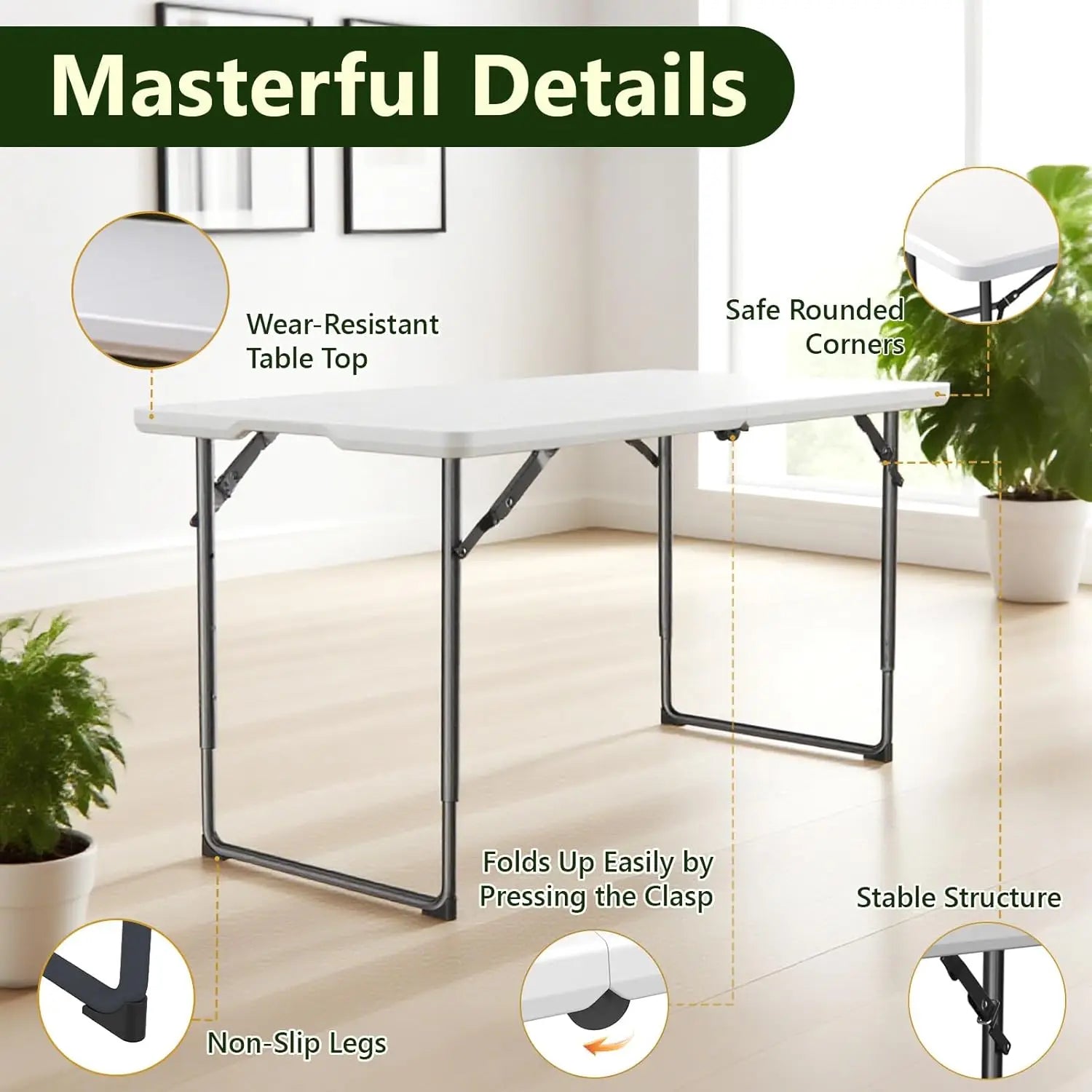 4ft Heavy Duty Folding Table with Adjustable Height, Portable for Indoor Outdoor Use