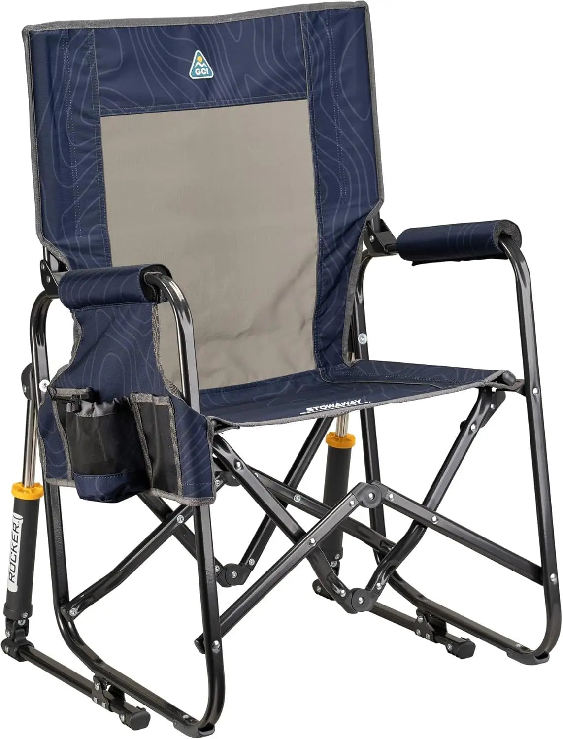 Side Table Camping Rocking Chair, Portable Folding with Armrests, Drink Holder & Comfortable Backrest
