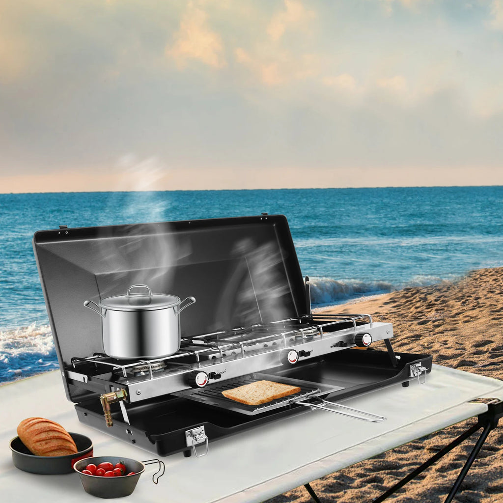 Portable Camping Stove with Griddle 3 Burner Propane Gas Stove