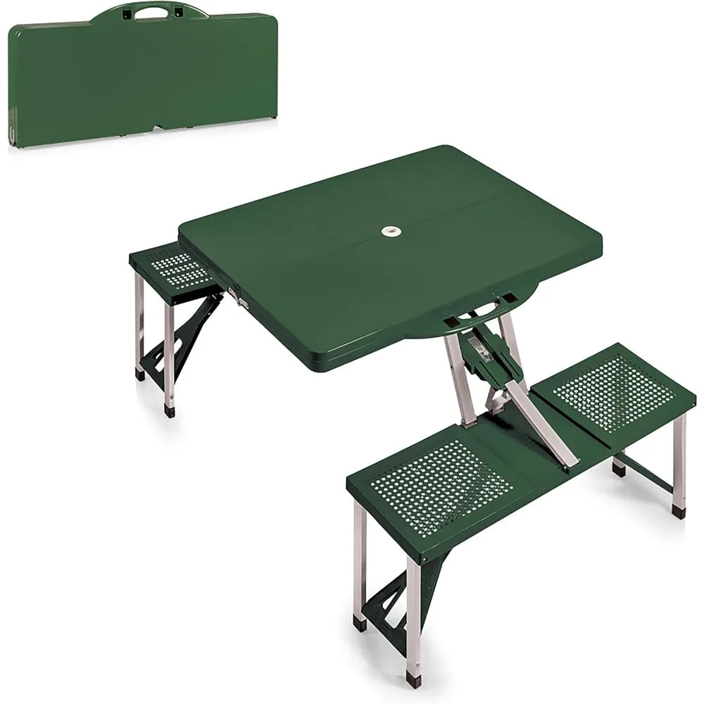 Portable Folding Picnic Table with Seats for 4, Collapsible Aluminum Table with Benches & Umbrella Hole, Lightweight