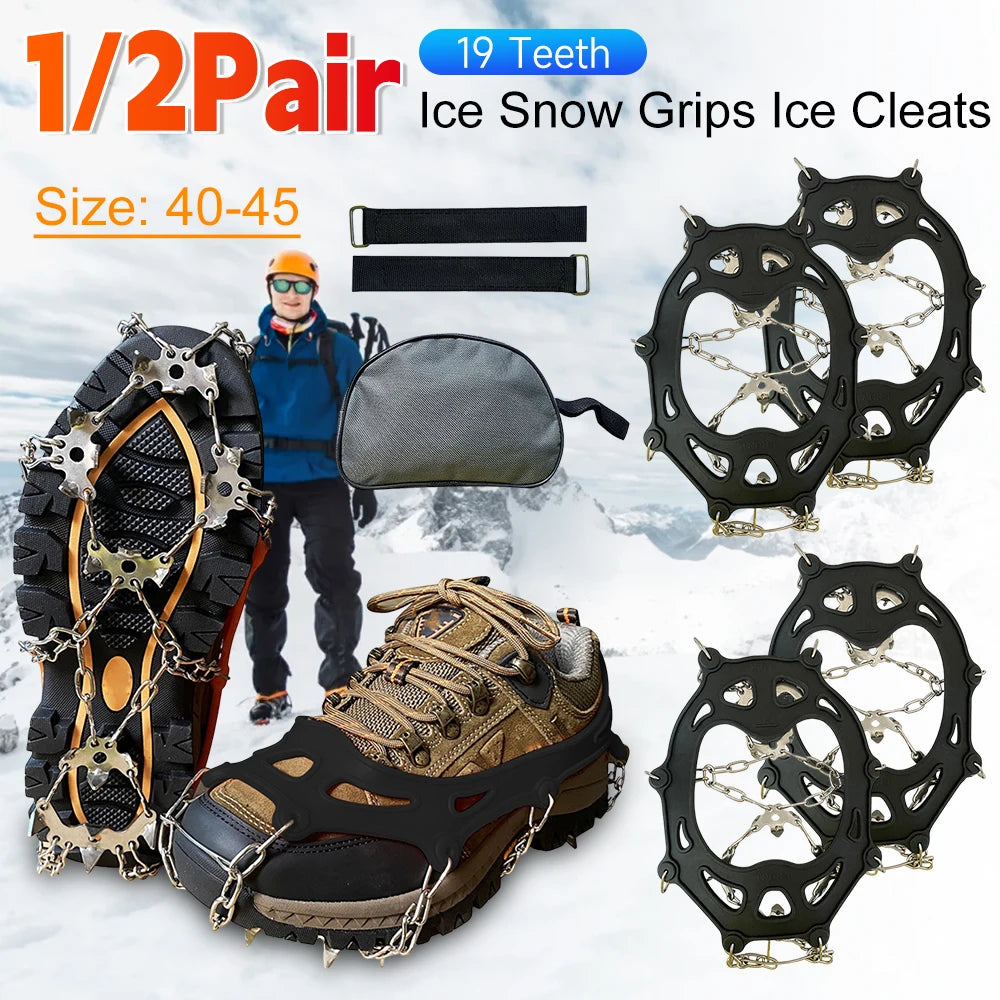 19 Teeth Snow Spikes Crampons Anti Slip Ice Gripper Cleats Chain Claws for Hiking Climbing  Walking Boots Cover ﻿